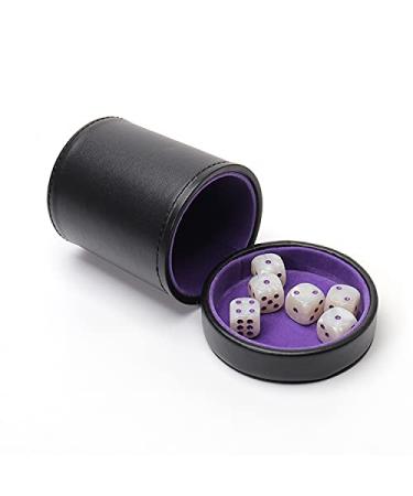 Luck Lab Leather Dice Cup with Lid Including 6 Matching White Pearl and Purple Dice - Purple Velvet Interior for Quiet Shaking - Use for Liars Dice Farkle Yahtzee Board Games, Black