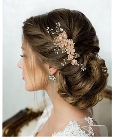 Wedding Hair Accessories Fanvoes Hair Pieces Comb for Bride Bridal - Gold Headpiece Barrette w/Handmade Pink Flower Ivory Pearl Rhinestone - Buy Online on GoSupps.com