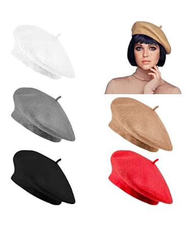 Jolbndcv 6PCS Beret Hat Wool French Beanie Hat Outdoor Hat Winter Hat Fashion Lady Hat White, Gray, Black, Red, Khaki Large