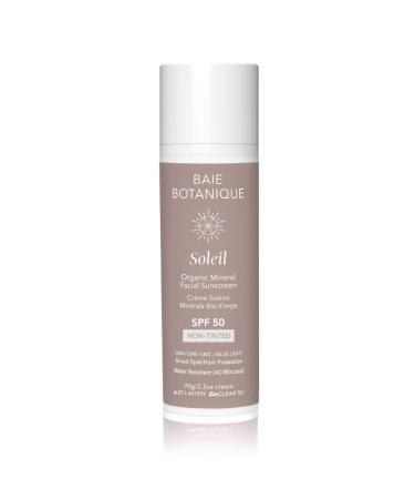NEW SIZE - Baie Botanique Soleil Organic Facial Sunscreen SPF 50 - Chemical Filter Free Hyaluronic Acid & Vitamin C Sunscreen for Face Natural Vegan No White Cast Non Toxic UVA/UVB Protection 70g