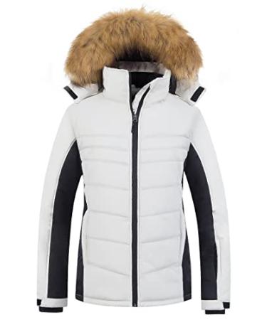 Pursky Women's Waterproof Ski Jacket Winter Puffer Snow Coat Fur Hooded Raincoat X-Large White Black