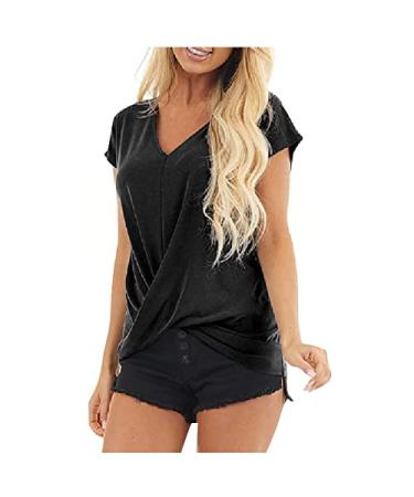 Blouses for Women Business Casual, Ladies Solid Color Tops Short Sleeve Tshirts Summer 2023 Dressy T Shirts Black XX-Large