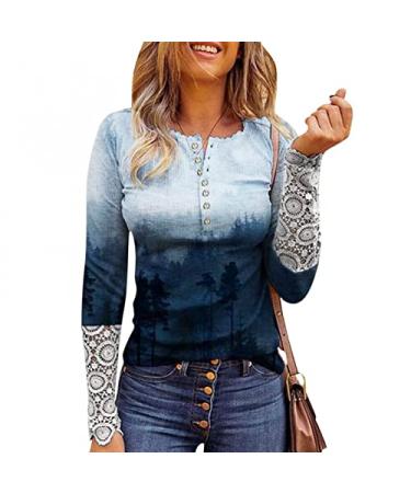 Long Sleeve Shirts for Women Fitted, Womens Ribbed Knit Henley T-Shirt Long Sleeves Tunic Lace Tops Casual Button Down Blouse Small Blue
