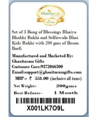 Ghasitaram Gifts Rakhi for Brother Rakhis Online - Set of 3 Bong of Blessings Bhaiya Bhabhi Rakhi and Selfiewala Bhai Kids Rakhi with 200 GMS of Besan Barfi - Buy Online on GoSupps.com