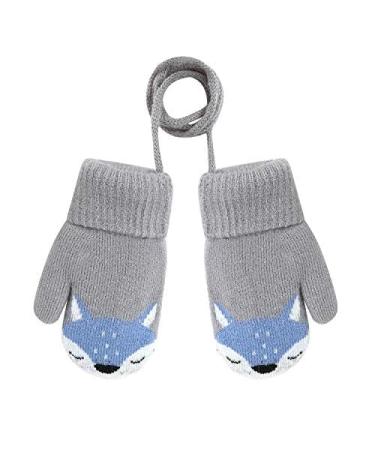 JIAHG Children's Winter Knit Gloves with String Baby Toddlers Hand-Warming Mittens Cute Cartoon Fox kids Gloves Outdoor Warm Mitts Insulated Cold Weather Gloves for 1-3 Years Boys and Girls Fox-gray
