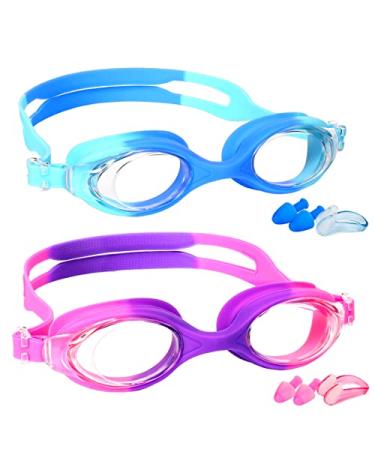 EWPJDK Kids Swim Goggles - 2 Pack Swimming Goggles Anti Fog No Leaking For Kids Age 3-15 Purple & Blue