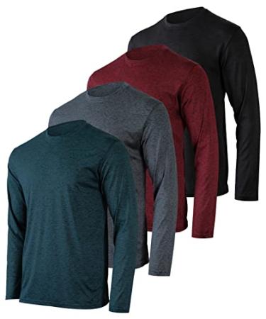 4 Pack: Men's Dry-Fit Moisture Wicking Performance Long Sleeve T-Shirt, UV Sun Protection Outdoor Active Athletic Crew Top Large Set B