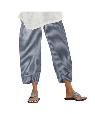 Womens Capris for Summer,Womens Printed Linen Capri Pant Elastic Waisted Beach Jogger Trouser Pants with Pockets A5-blue XX-Large