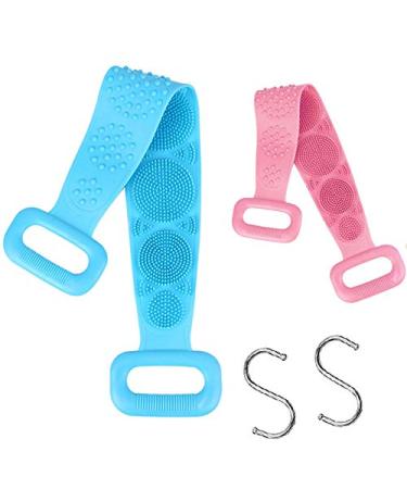 Silicone Bath Brush 2 Pack Towel Double Side Clean Body Brush Convenient and Easy Body Scrubber(Blue and Pink)(Two Hooks for Free Included).
