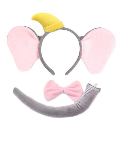 Sheicon Elephant Ears Headband  Bowtie and Tail Elephant Set Costume Accessory 3 Pieces Set Kit For Halloween Costume Dress up Play Color Elephant Set Grey&Hat