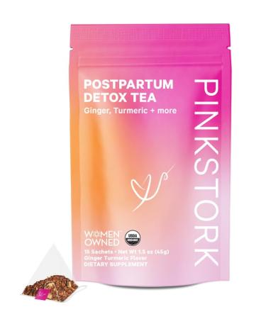 Pink Stork Postpartum Detox Tea: Organic Ginger Turmeric Tea for Postpartum Recovery Mood Support & Bloating Relief Digestive Support for Occasional Constipation Postnatal Essentials - 15 Sachets