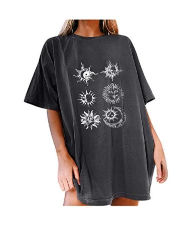 Women's Vintage Crewneck Sweatshirts Graphic Shirts Sun Moon Star Funny Print Tee Short Sleeve Casual Loose Top Gray Small
