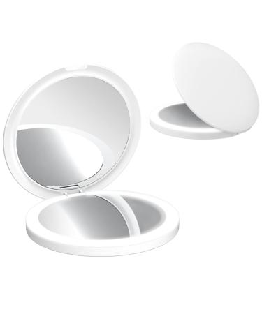 CigyYogy Small LED Compact Makeup Mirror Round Handheld Foldable - Magnifying Lighted Pocket Mirrors Double Sided with 1x/2x Magnification - Ideal Gift for Women Girls -White - 1 Pack