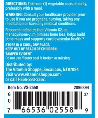 The Vitamin Shoppe Vitamin K2-100 MCG 90 Vegetarian Capsules - 90 Count - Buy Online on GoSupps.com