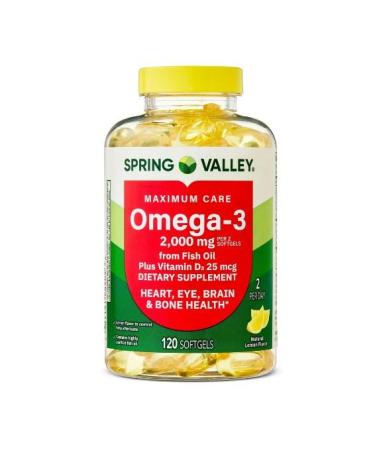 H4U Spring Valley Maximum Care Omega-3 from Fish Oil Dietary Supplement Softgels for Eye Brain Bone & Heart Health 2000 mg 120 Count