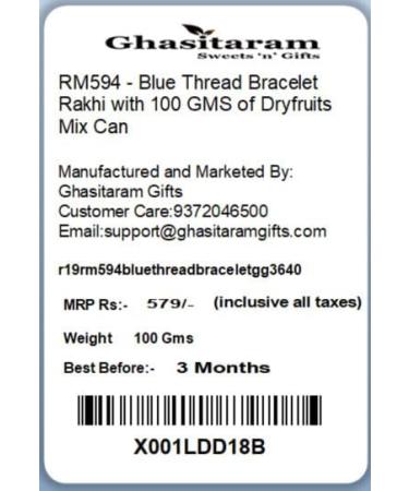 Ghasitaram Gifts Rakhi for Brother Rakhis Online - RM594 - Blue Thread Bracelet Rakhi with 100 GMS of Dryfruits Mix Can - Buy Online on GoSupps.com