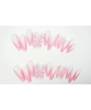 Justotry 24-Piece Butterfly Pink French Coffin Nails - Medium Press-On Artificial Nail Set with Glue for Women - Buy Online on GoSupps.com