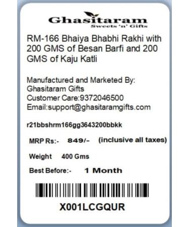 Ghasitaram Gifts Rakhis Online - Rakhi for Brother- RM-166 Bhaiya Bhabhi Rakhi with 200 GMS of Besan Barfi and 200 GMS of Kaju Katli Rakhi Set with 200 gms of Besan Barfi & Kaju Katli - Buy Online on GoSupps.com