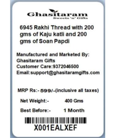 Ghasitaram Gifts Rakhi for Brother Rakhis Online - 6945 Rakhi Thread with 200 GMS of Kaju katli and 200 GMS of Soan Papdi Rakhi with 200 GMS of Kaju katli and Soan Papdi - Buy Online on GoSupps.com