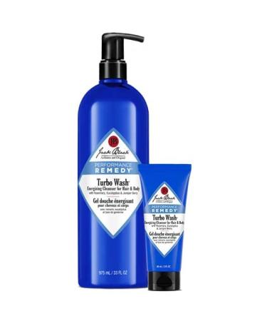 Jack Black Turbo Wash Energizing Cleanser for Hair & Body Turbo Wash Home and Away Set 33 Fl Oz and 3 Fl Oz