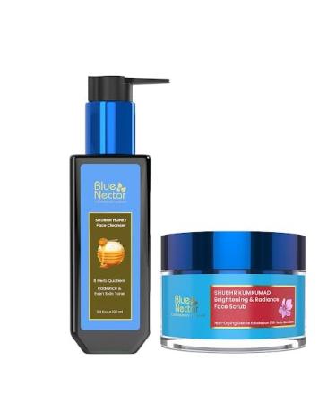 Blue Nectar Kumkumadi Gentle Exfoliating Face Scrub for Tan Removal and Blackheads (1.7 Oz) Paired with Honey Aloe Vera Detan Face Wash with Natural Vitamin E (3.38 Fl Oz)