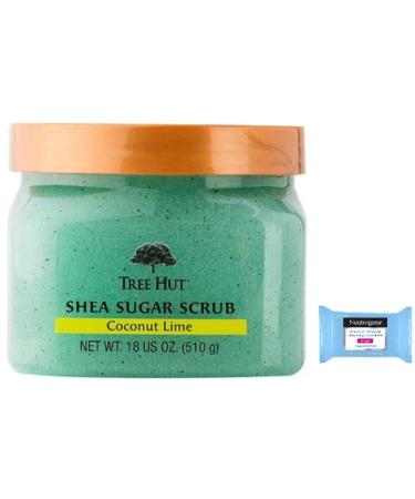 T H Tree Hut Shea Sugar Body Scrub Coconut Lime 18oz  With Single Fragrance-Free Makeup Remover Cleansing Towelette