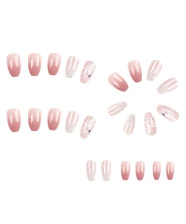 Loufy Pink Gradient Glitter Nails Gradual Change Butterfly Rhinestones Nails Wearable Press on Nails False Nails ABS