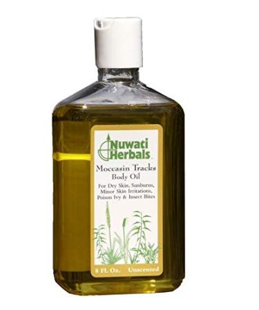 Nuwati Herbals Moccasin Tracks Bath and Body Oil - for Dry Skin Sunburns Irritations Poison Ivy Itchy Bug Bites - Unscented 8 Ounces