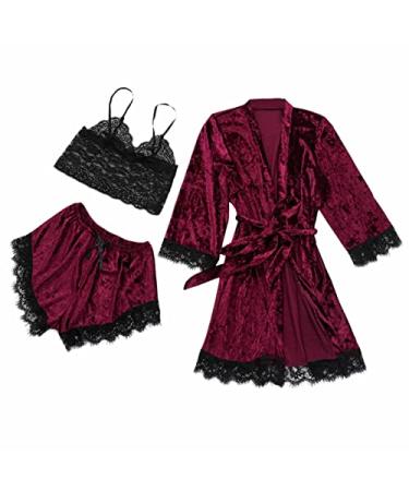 Women's Three-Piece Pajamas Sexy Lace Velvet Solid Color Nightdress Sheer Lingerie and Shorts with Robe Set Large Wine