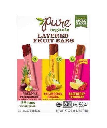Gourmet Kitchn Pure Organic Layered Fruit Bars Variety | 2 Pack, 28 Bars Each | 3 Different Flavors: Raspberry Lemonade, Strawberry Banana, Pineapple Passionfruit | Healthy Snack -Real Fruit, Non-GMO 28 Count (Pack of 2)