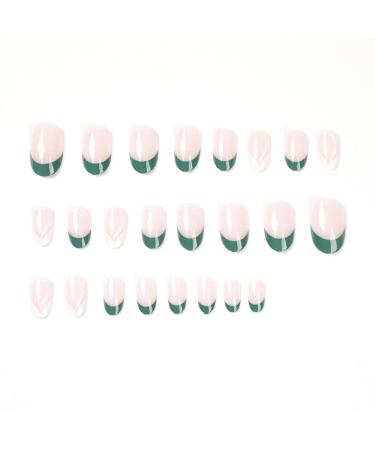 24Pc Short Glossy Almond Design Press on Nails - French Green False Nails Kit with Glue - Oval Green White Nail Tips - Buy Online on GoSupps.com