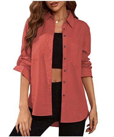Deer Lady Womens Button Down Shirts Roll Up Long Sleeve Casual Blouse Shirts Tops Medium Brick Red