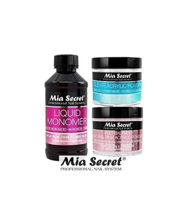 MIA SECRET 4 oz LIQUID MONOMER + Acrylic Powder 2 oz Clear & Multibalance (Natural Pink) -Made in USA