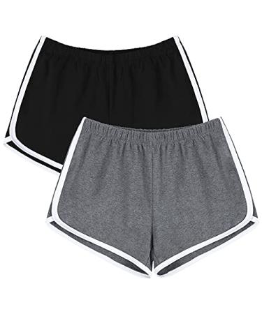 URATOT 2 Pack Cotton Sport Booty Shorts Yoga Dance Sleeping Short Pants Summer Athletic Shorts Black Dark Grey Large