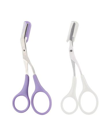 Professional Eyebrow Trimmer Scissors with Mini Comb Stainless Steel Grooming Scissors All-in-One Shaper Epilator Hair Remover Eyebrow Shaving Scissors Cutter Remover Shaper(White+Purple)