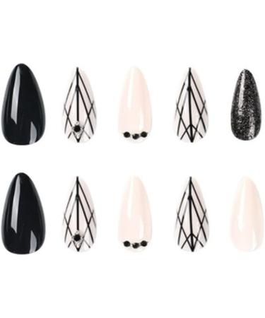 Justotry 24 Pcs Striped Stiletto False Nails Short - Trendy Almond Glitter Fake Nails with Nail Glue for Women - Black French Press on Nails - Nail Art - Buy Online on GoSupps.com