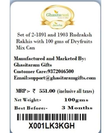 Ghasitaram Gifts Rakhi for Brother Rakhis Online - Set of 2-1891 and 1903 Rudraksh Rakhis with 100 GMS of Dryfruits Mix Can - Buy Online on GoSupps.com