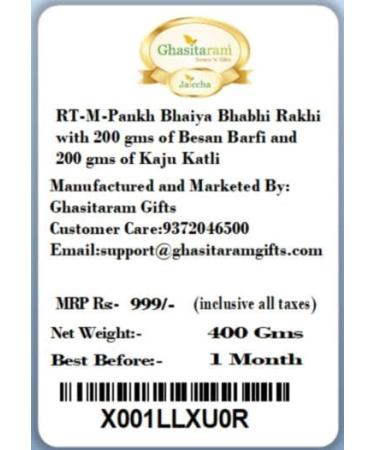 Ghasitaram Gifts Rakhis Online - Rakhi for Brother-RT-M-Pankh Bhaiya Bhabhi Rakhi with 200 GMS of Besan Barfi and 200 GMS of Kaju Katli Rakhi Set with 200 gms of Besan Barfi & Kaju Katli - Buy Online on GoSupps.com