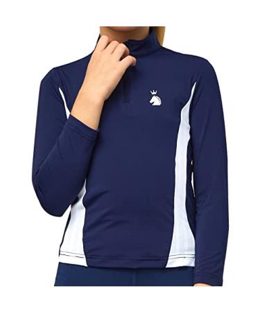 HR Farm Kid's Long Sleeve Equestrian  Zip Horse Riding Sun Shirt with Mesh X-Large Navy