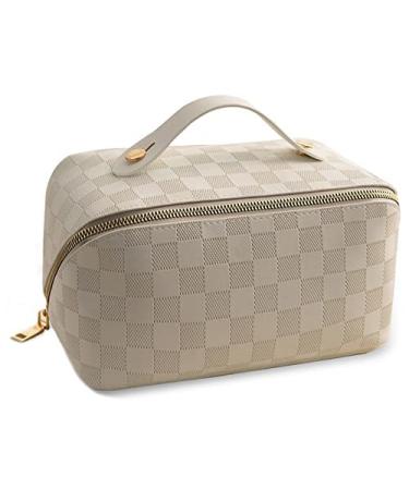 Large Capacity Travel Cosmetic Bag Plaid Checkered Makeup Bag Portable Leather Waterproof Skincare Bag with Handle and Divider for Women 01-White - Buy Online on GoSupps.com