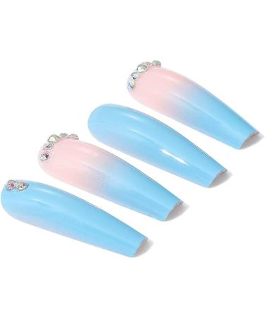 Brishow Coffin False Nails - Long Blue Flower Fake Nails | 24pcs Ballerina Acrylic Stick on Nails for Women and Girls - Buy Online on GoSupps.com