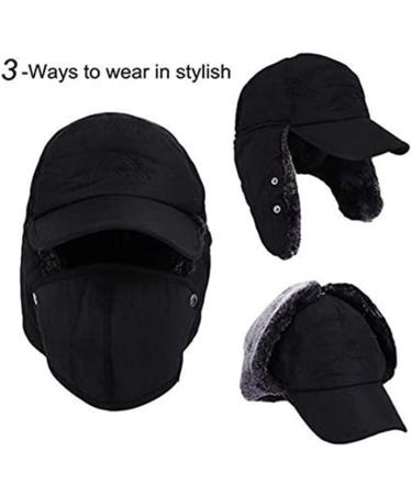 Winter 3 in 1 Thermal Fur Lined Trapper Hat | Windproof Ski Cap with Face Warmer | Black - Buy Online on GoSupps.com
