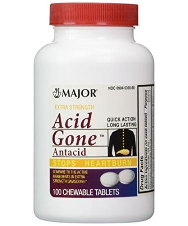 Acid Gone Antacid Chewable Generic for Gaviscon Extra Strength Chewable Tablets 100 Ct. Per Bottle Pack of 2 Bottles Total 200 Tablets by Major Pharmaceuticals