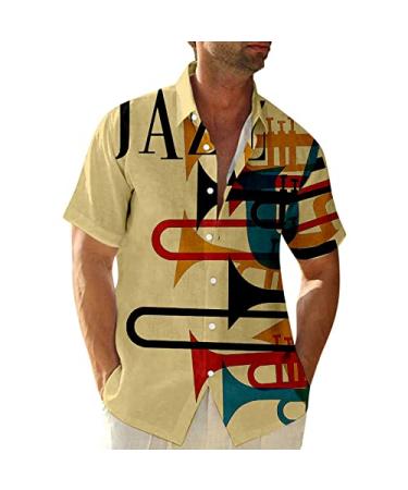 Biuu Men's Casual Button Down Short Sleeve Shirts Summer Beach Regular-Fit Vintage Jazz Music Print Hawaiian Tops Shirt Half Sleeves Lapel Button-Down Up V Neck O Round Crewneck, 169- Yellow