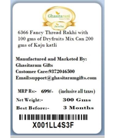 Ghasitaram Gifts Rakhi for Brother Rakhis Online - 6366 Fancy Thread Rakhi with 100 GMS of Dryfruits Mix Can 200 GMS of Kaju katli Rakhi & 100g Dryfruits Mix Can 200g Kaju katli - Buy Online on GoSupps.com