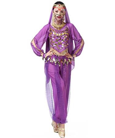 ORIDOOR Women's Halloween Costume Set Belly Dance Crop Top Pleated Harem Pants for Dress Up Party 5 Piece Outfit One Size B Purple