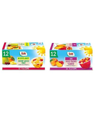 Dole Fruit Bowls Cherry Mixed Fruit in 100% Juice 4 Ounce (12 Pack) and Dole Fruit Bowls Peaches in Strawberry Flavored Gel 4.3 Oz (Pack of 12) Cherry Mixed Fruit & Peaches in Strawberry Gel 2 Pack Bundle (24 Count)