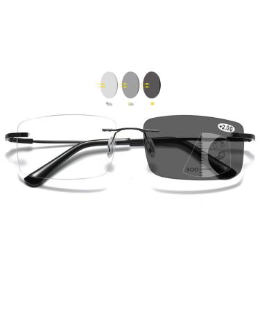 Vevesmundo Randlos Reading glasses men women blue light filter metal rectangular visual help reading aid+1.5 +2.0 +2.5 +3.0 +3.5 +4.0 Self -tinting & multifocals & blue light filters - 1 piece black 2.0 x