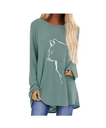 2020 Autumn Style Cat Print Loose Round Neck Long Sleeve T-Shirt Shirt Women Long Sleeve Grey 3X-Large