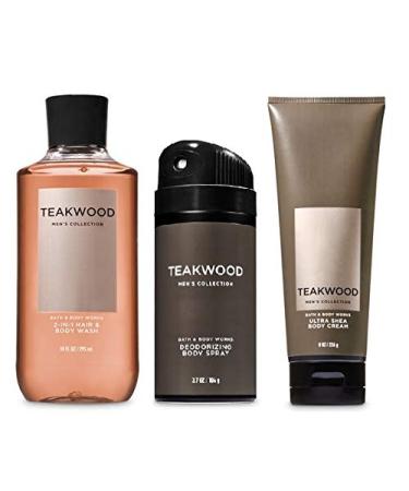 BATH AND BODY WORKS, GIFT SET TEAKWOOD FOR MEN ~ BODY WASH ~ BODY CREAM AND DEODORIZING BODY SPRAY- FULL SIZE